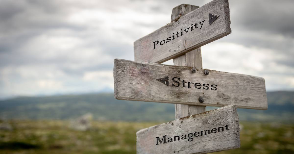 A wooden sign stands out against a backdrop of dark sky and grass. It bears the words "positivity," "stress," and "management."