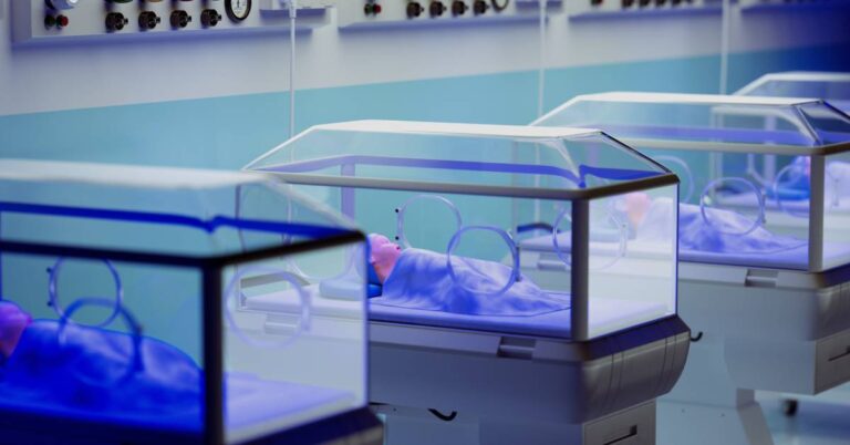 A dimly lit advanced neonatal intensive care unit featuring multiple incubators with knobs positioned behind them.